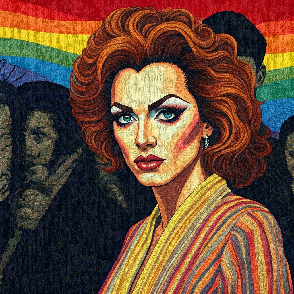 Vibrant fiber-art tapestry featuring transgender and drag heroes, emphasizing their leading role in LGBTQ history.