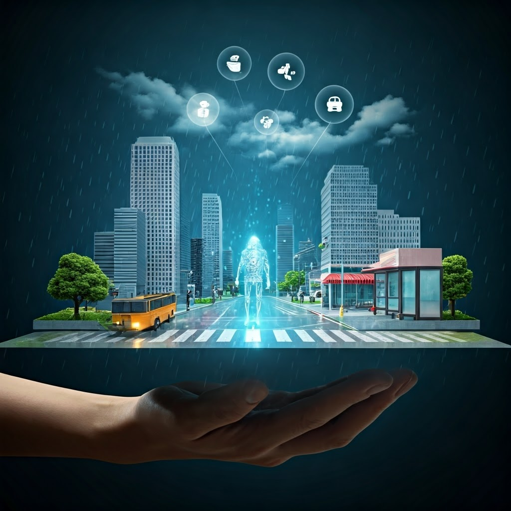 Human hand holding a tiny city while a holographic figure weighs everyday choices like walk or ride