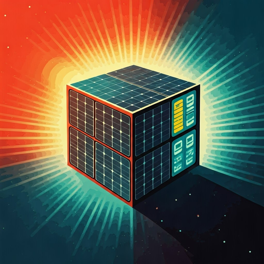 Cube of solar cells glowing brighter toward the Sun with digital current display.