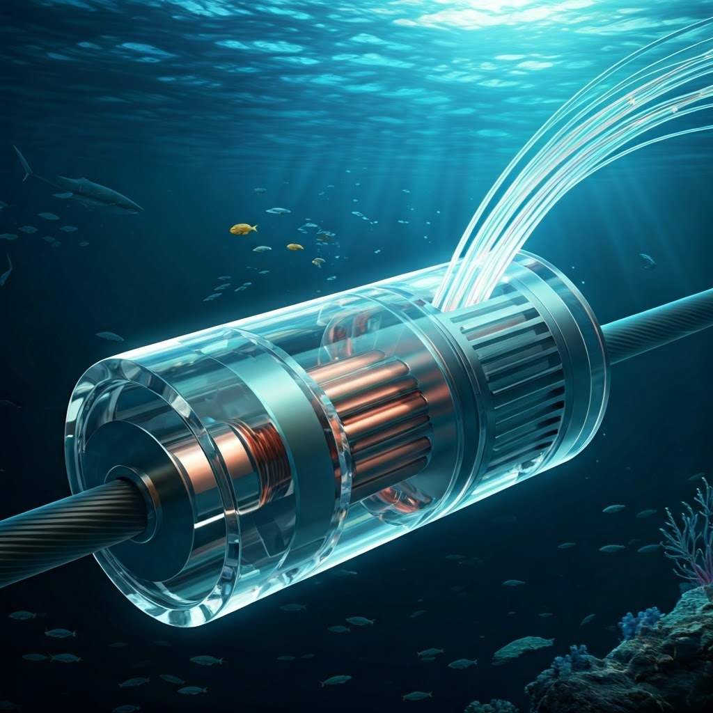 Transparent repeater module glowing on a deep-sea cable surrounded by marine life.