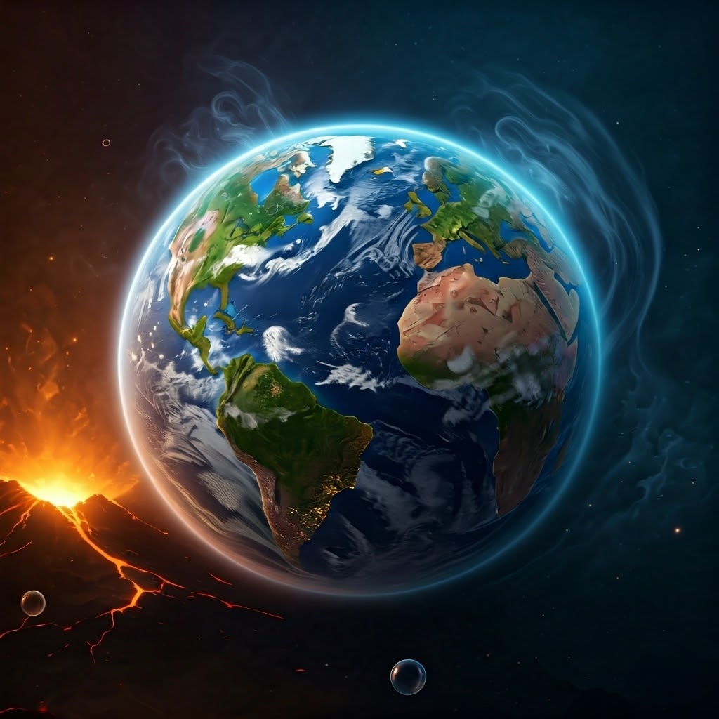 Half-dark, half-blue ancient Earth seen from space, showing oxygen spreading across the planet; symbolizes the Great Oxidation Event.