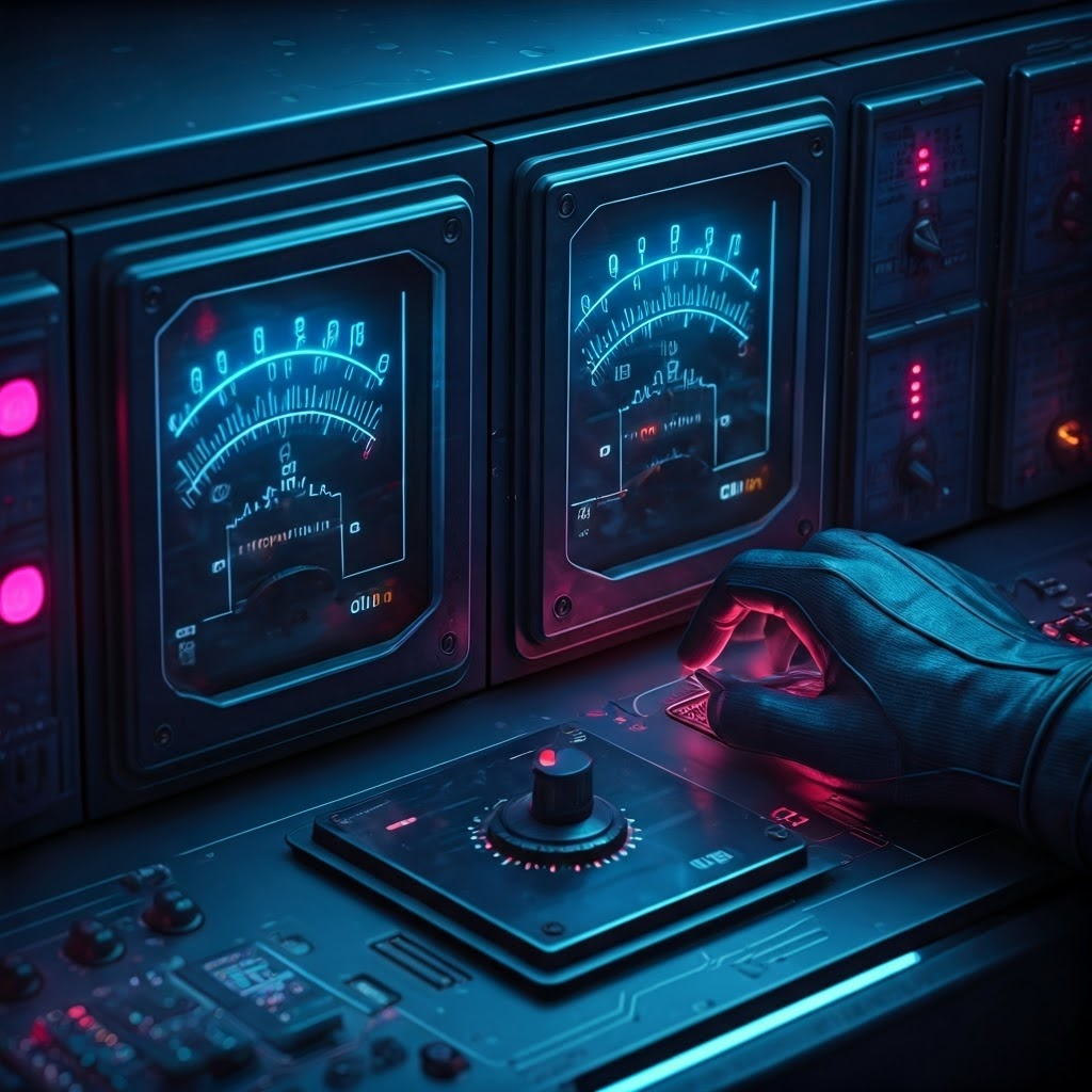 Control room panels show analog voltmeter and digital readouts as microchip handles ADC conversion