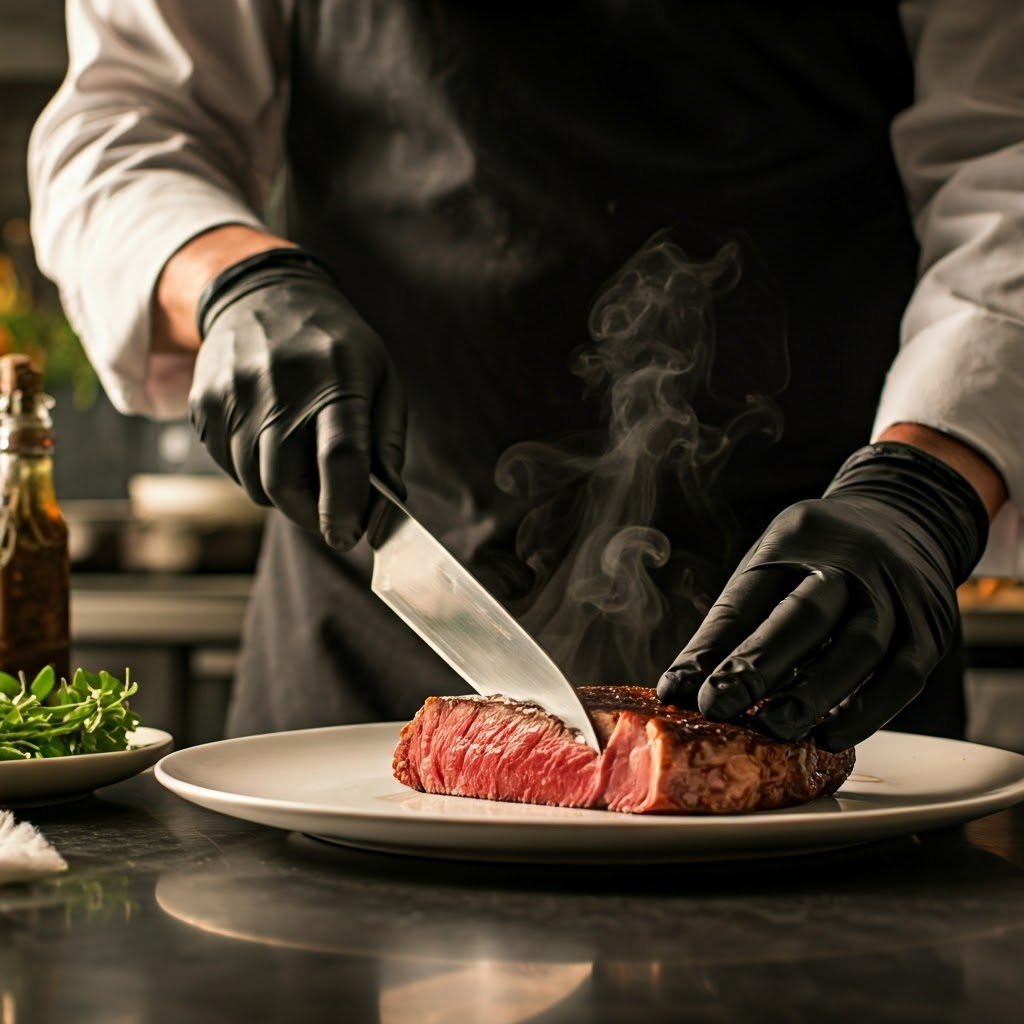 Chef slicing perfect medium-rare steak in professional kitchen