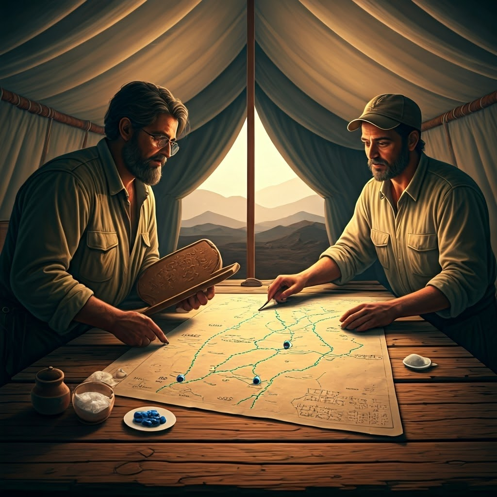 Field archaeologists mark trade routes on a large map dotted with stone and salt icons while a projection glows nearby