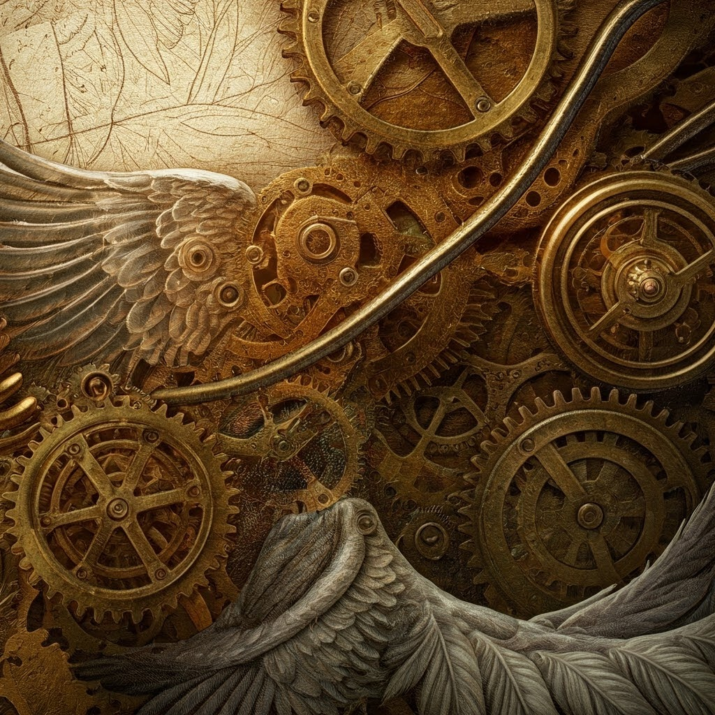 Intricate illustrations of bird wings and flowing water, hinting at future inventions.