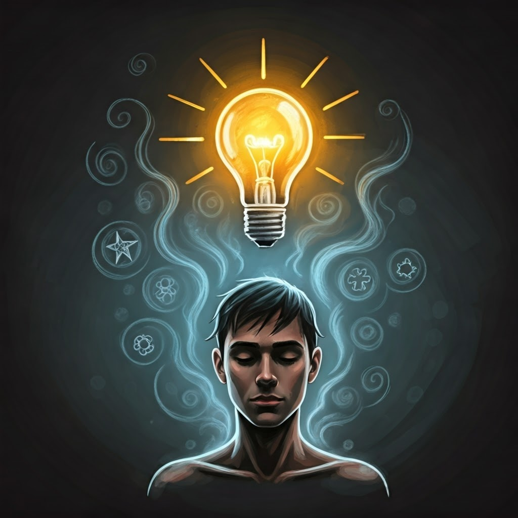 Pastel sketch of a person in a steamy shower making a glowing lightbulb appear amid swirling idea icons, showing moments of insight