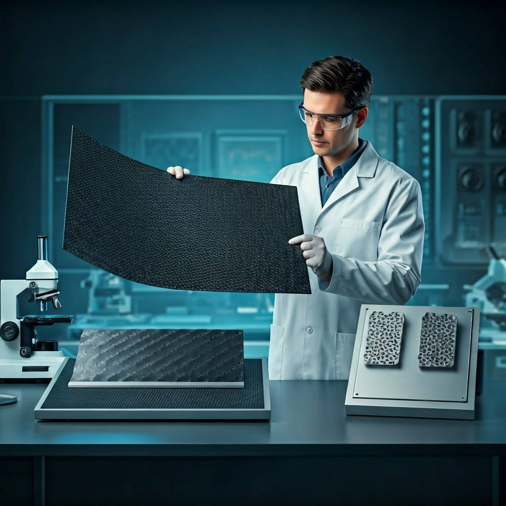 Engineer inspecting carbon-fiber panel, titanium rod, and aluminum honeycomb in a bright lab to compare lightweight aerospace materials