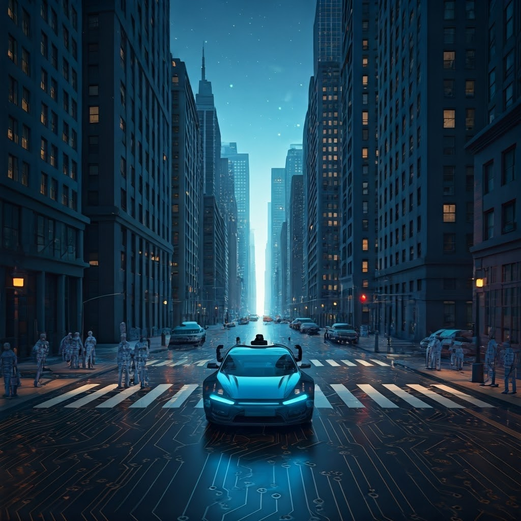 Self-driving car cruising a circuit-like cityscape, symbolizing complex environments