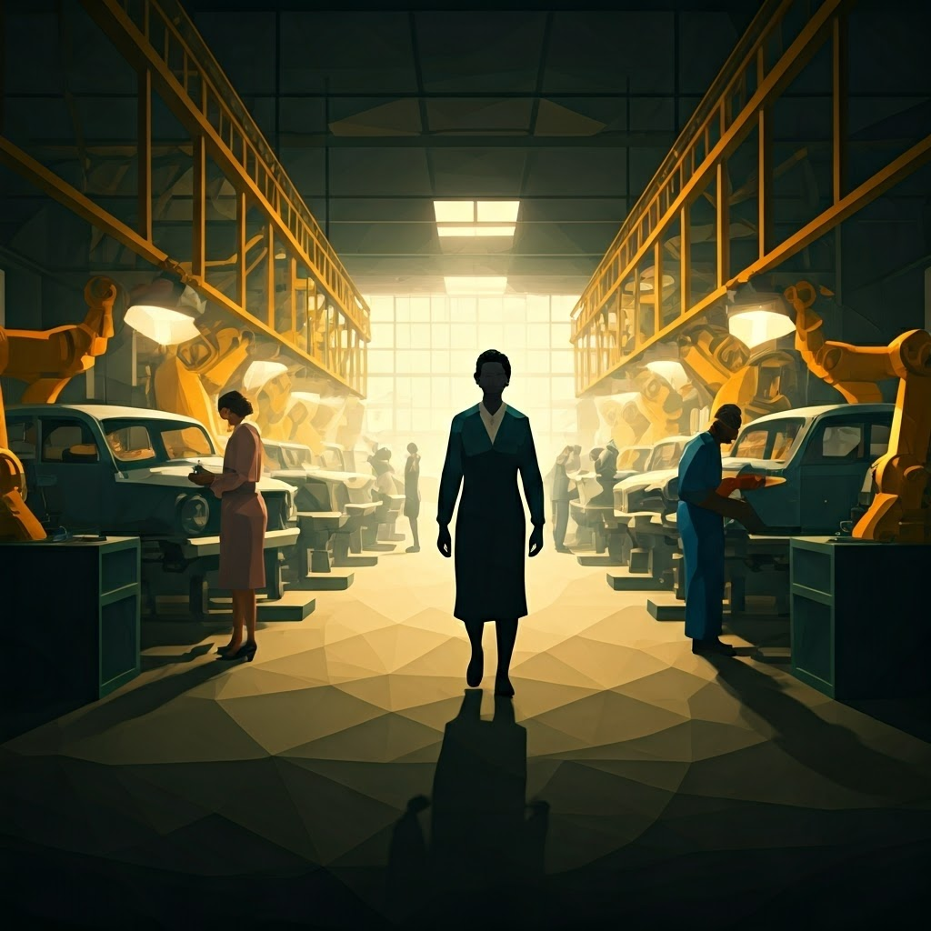 Low-poly factory scene where white women type, Black men weld, and a Black woman stands excluded—visualizing compounded bias.
