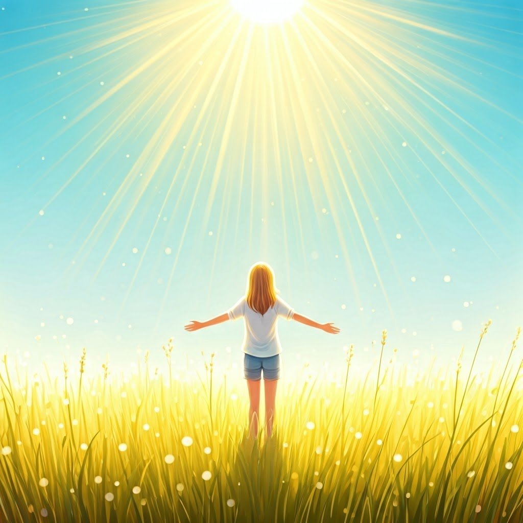 Bright sunbeams stream toward a green meadow, symbolizing solar energy reaching Earth.