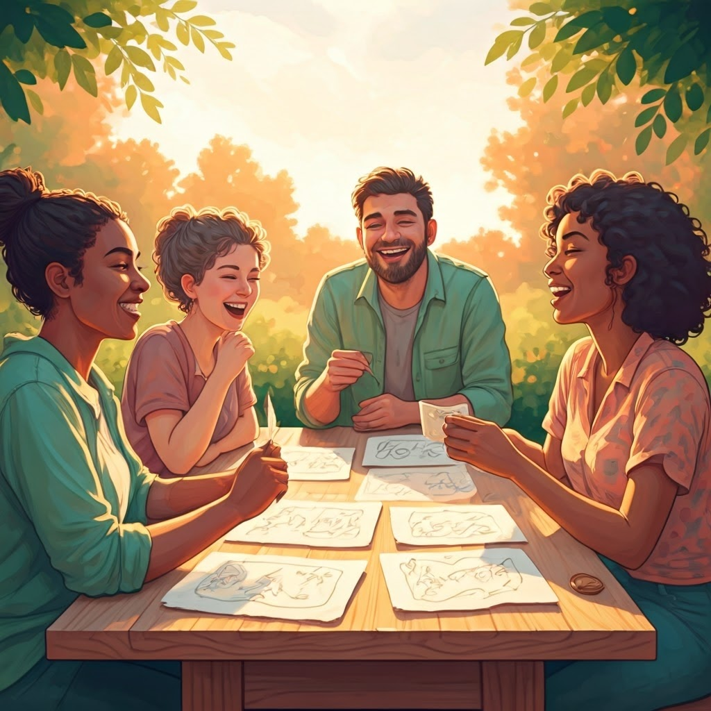 Friends debate new game rules around a garden table, pastel sunlight highlighting cooperative energy and scattered scrolls.
