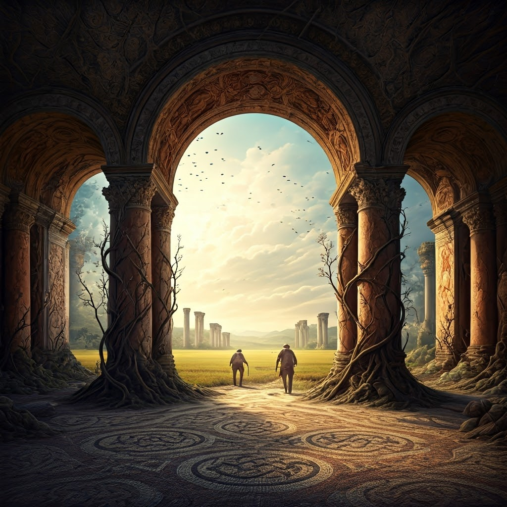 Half-buried Roman columns merging with Germanic knotwork under a swirling sky