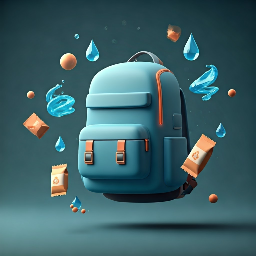 Futuristic backpack illustrating continuous recycling of air, water, and food.