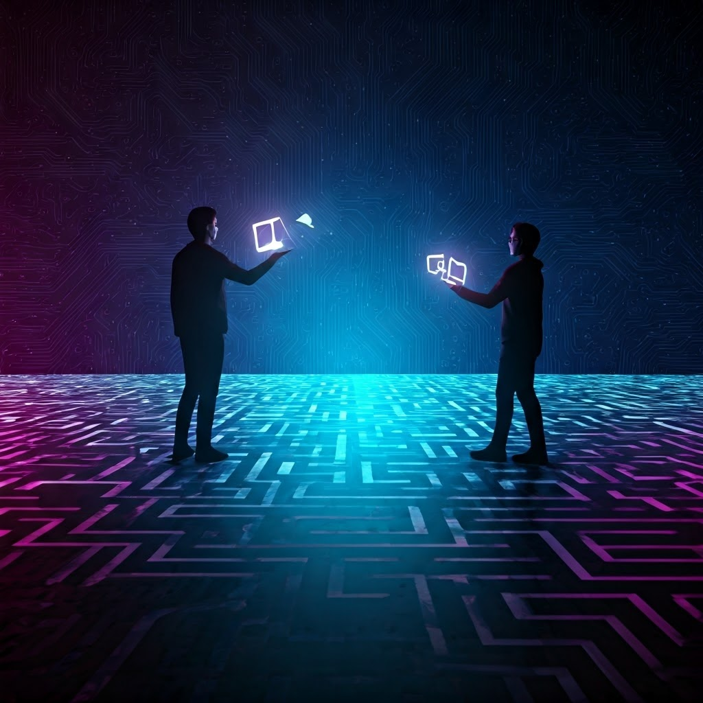 Neon glitchcore artwork symbolizing rapid chemical messaging through a maze-like circuit cityscape