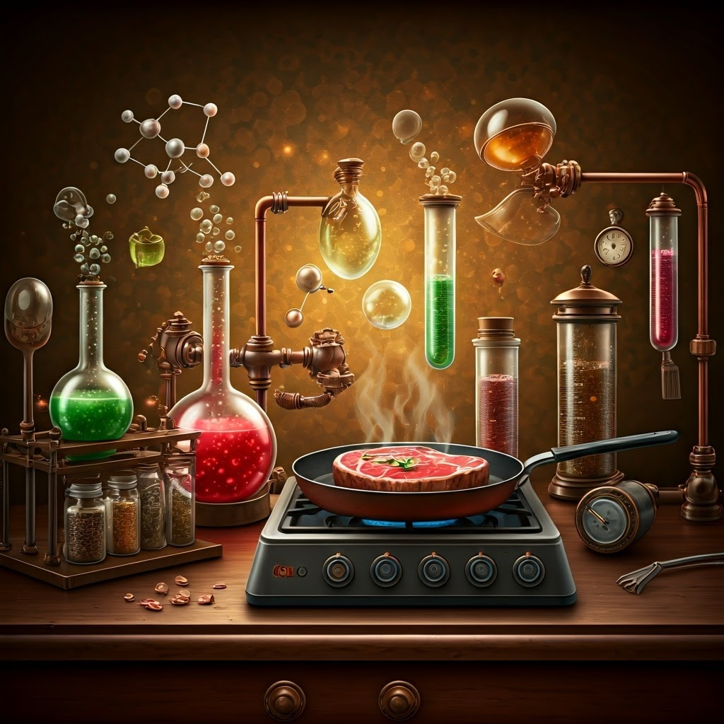 Steampunk kitchen-lab blending science gear with cooking tools