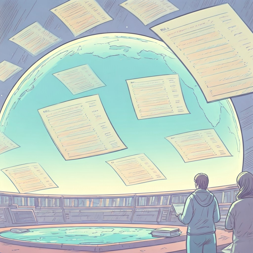 Friendly pastel ledger pages floating above a globe as people inspect transparent records