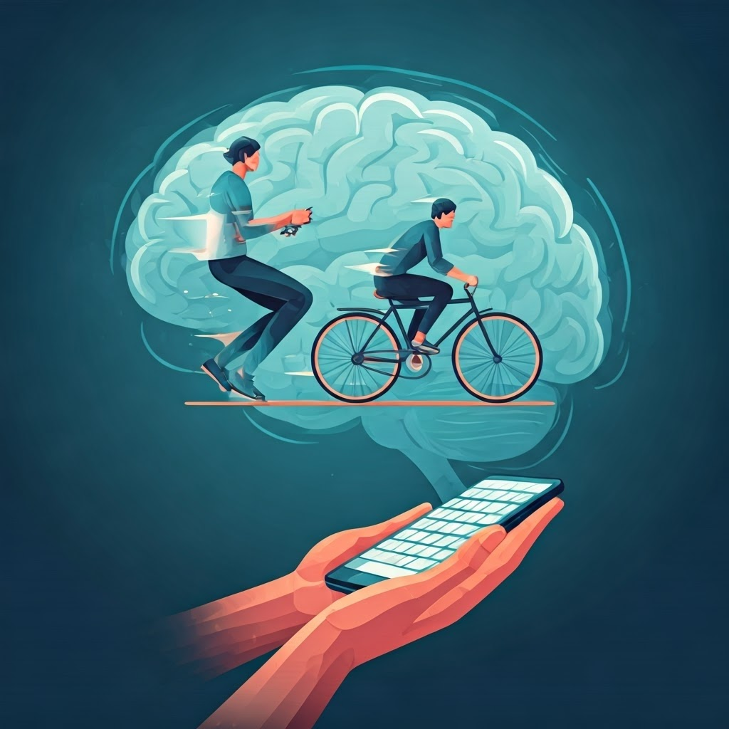 Person performing automatic tasks like tying shoelaces and riding a bike, symbols of effortless muscle memory inside a faint brain outline