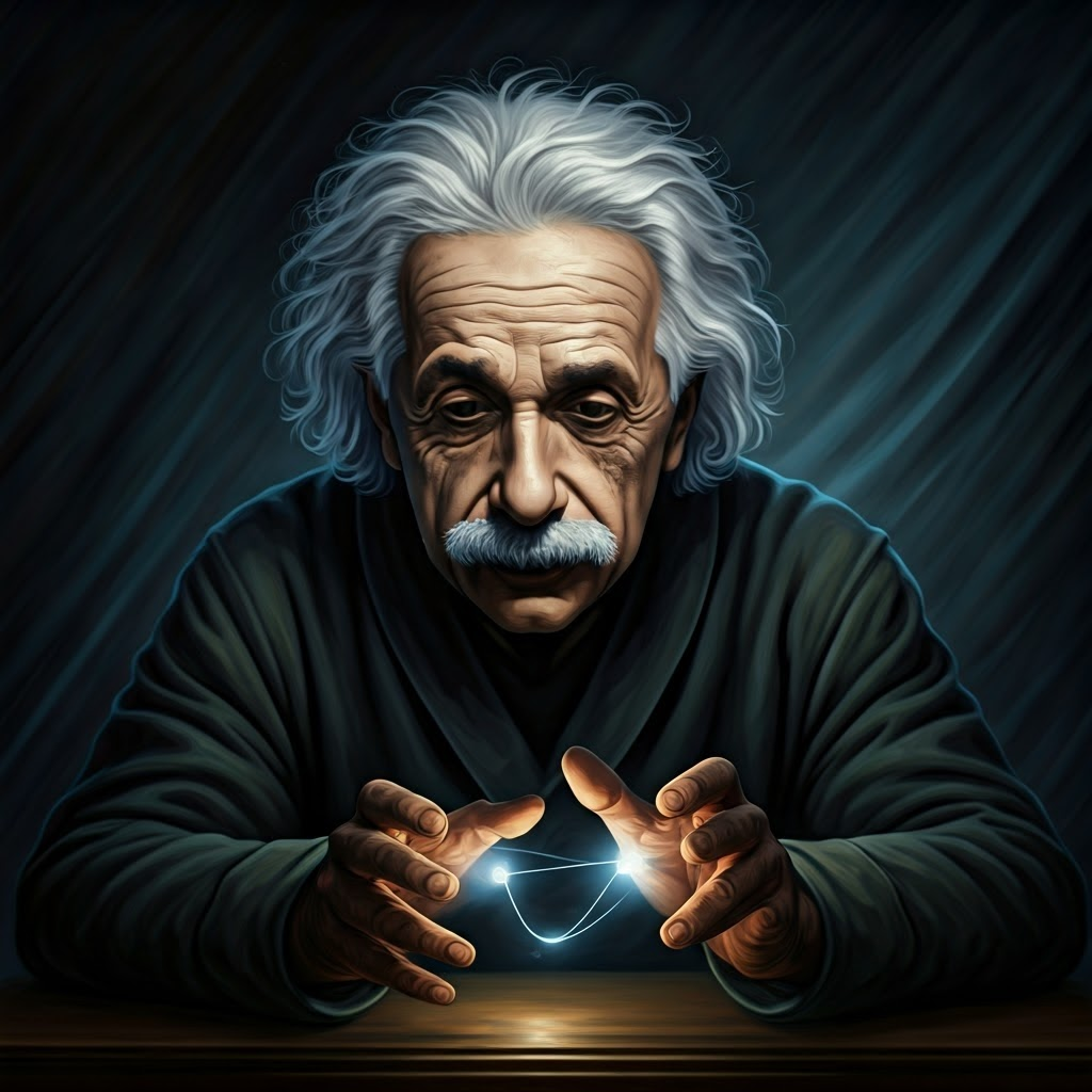 Einstein leans toward two glowing orbs joined by a faint thread of light, painted in dramatic chiaroscuro to highlight his tension over distant influence.