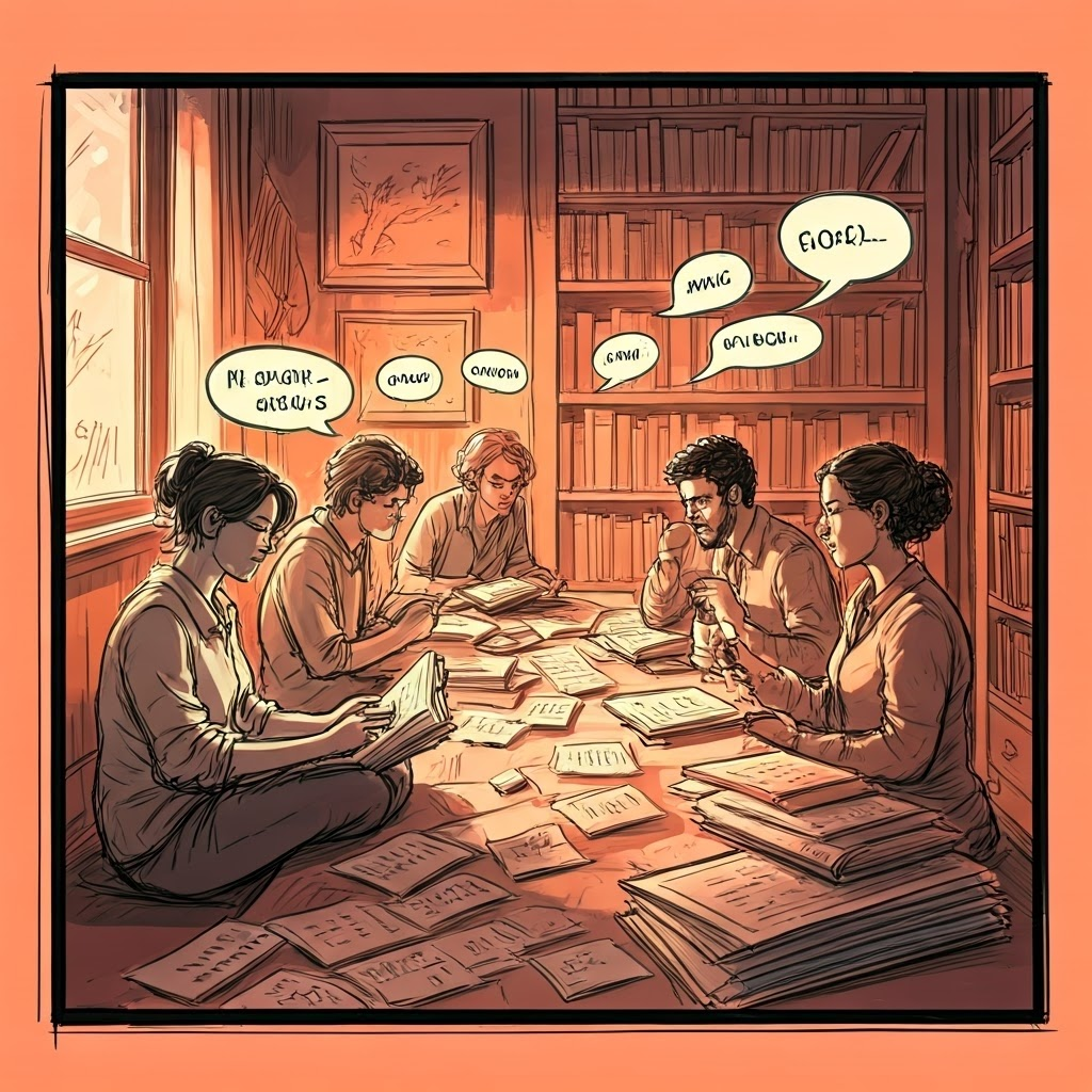 Storyboard of diverse readers passing notes in a cozy library, showing shared focus on key words
