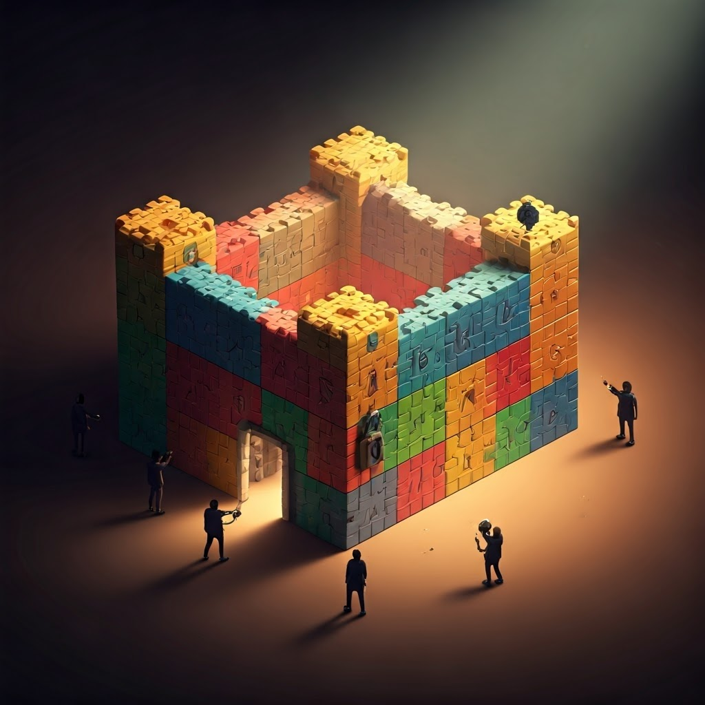 Fortress made of colorful puzzle pieces shaped like letters, numbers, and symbols while shadowy figures fail to breach.
