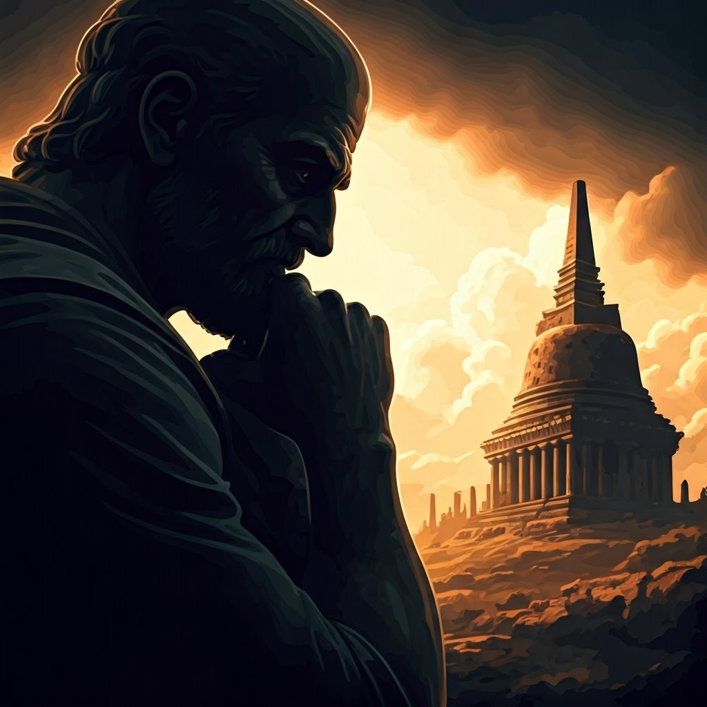 Silhouetted thinker among temple ruins greets pale sunrise, embodying the dawn of reflective thought