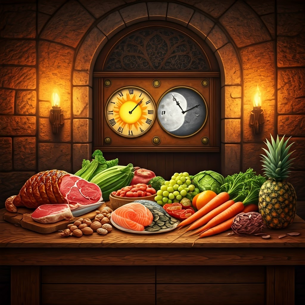 Fantasy-style scene with a dual sun-moon clock and Paleo foods, symbolizing fasting windows and ancestral eating