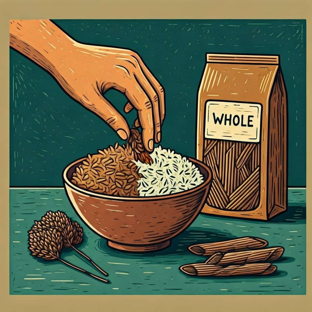 Hand mixing brown and white rice beside whole-grain pasta box labeled "whole"