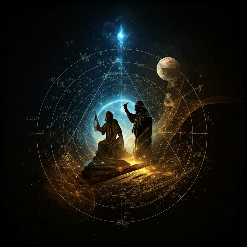 Glowing shapes form a Euclidean theorem, representing the birth of structured mathematics.