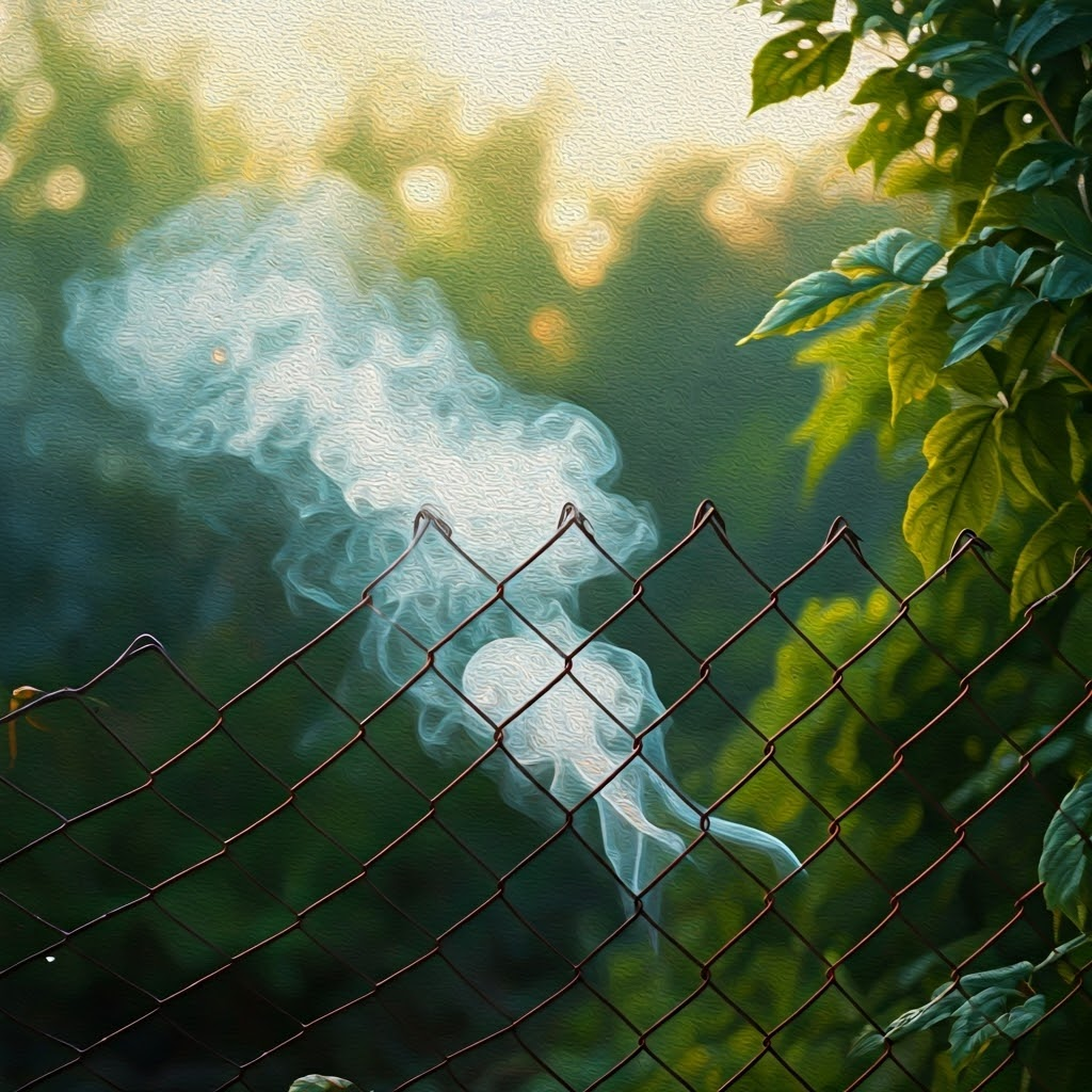 Pale smoke threads slip through a rusty chain-link fence in a quiet dawn garden.