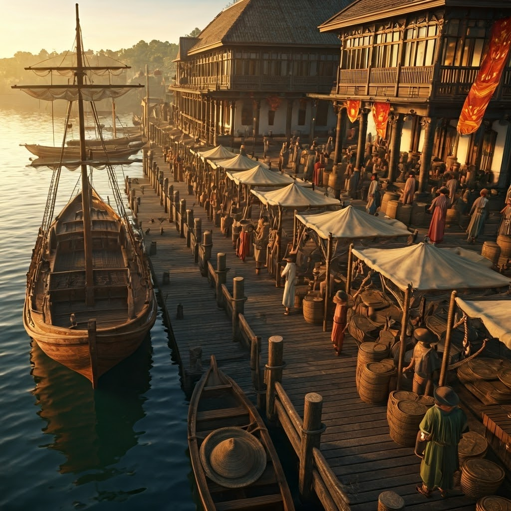 Aerial depiction of 16th-century Manila port buzzing with Chinese and Spanish trade, highlighting silver’s journey to Asia.