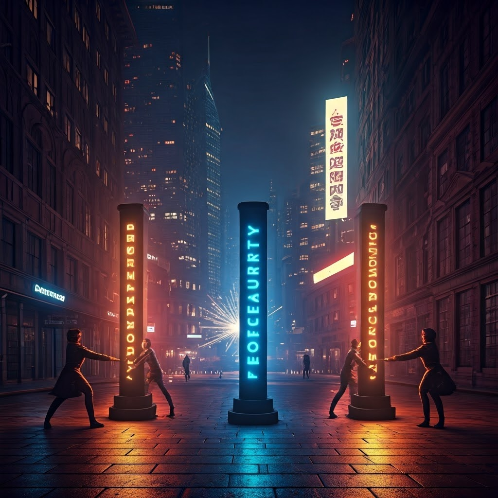 Cyberpunk engineers struggle over glowing pillars labeled decentralization security scalability symbolizing blockchain trilemma