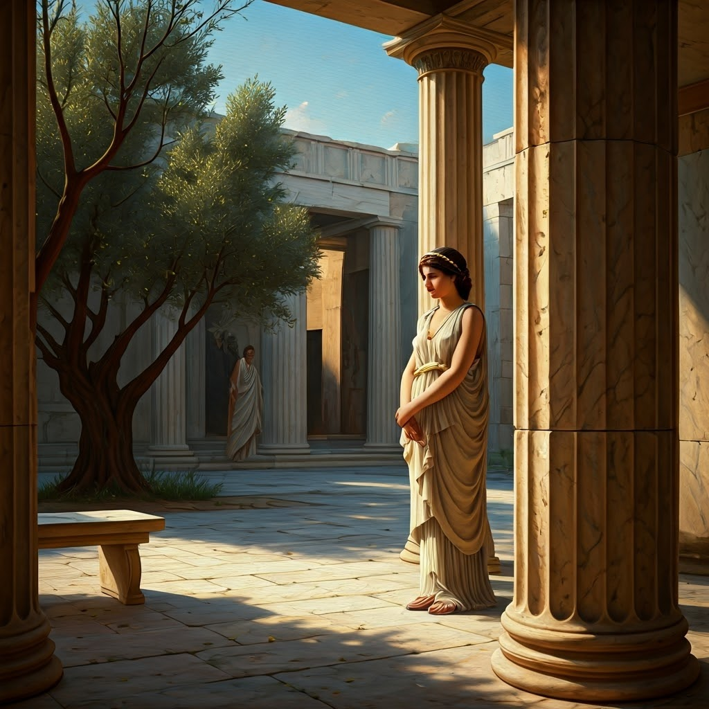 A young Athenian woman stands contemplative in a marble courtyard while a male guardian watches from the shadows, highlighting women's restricted freedom in classical Athens.