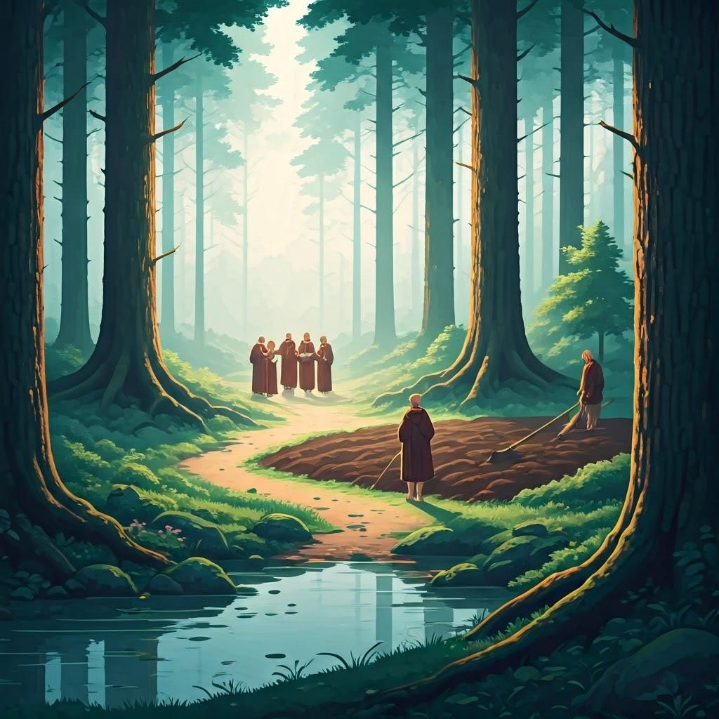 Minimalist watercolor of three monk groups in a forest clearing. One chants by water, another farms, a third greets travelers—showing diverse callings within shared devotion.