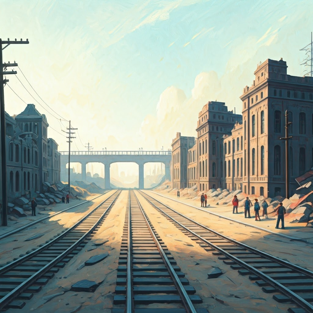 Miniature workers rebuild Europe’s infrastructure among rubble, reflecting fragile post-war recovery.