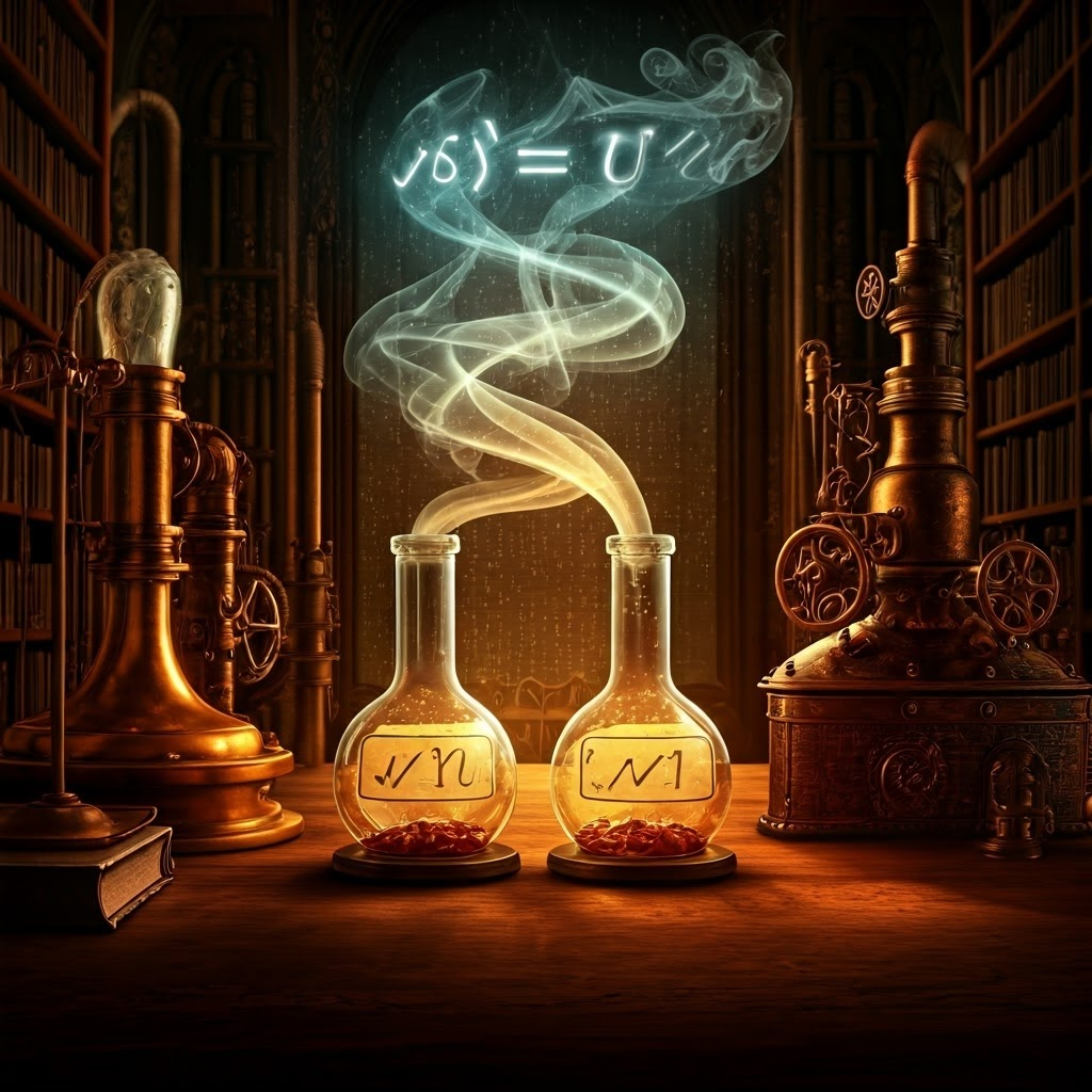 Steampunk alchemist mixing beakers labeled |0⟩ and |1⟩ as glowing formula hovers above