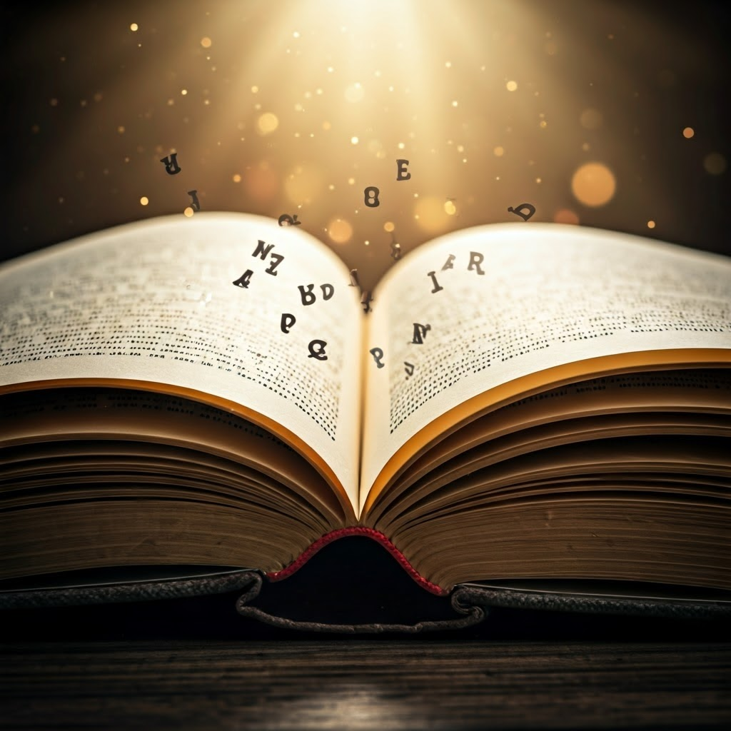 Close-up of book page where letters fall like confetti, hinting at subtle DNA changes