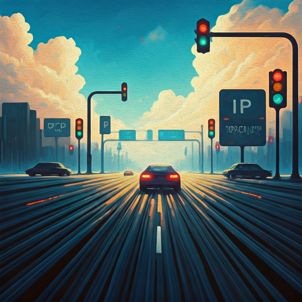 Floating data-car cars glide along fiber-optic roads beneath signs for IP and TCP, depicting orderly digital traffic.