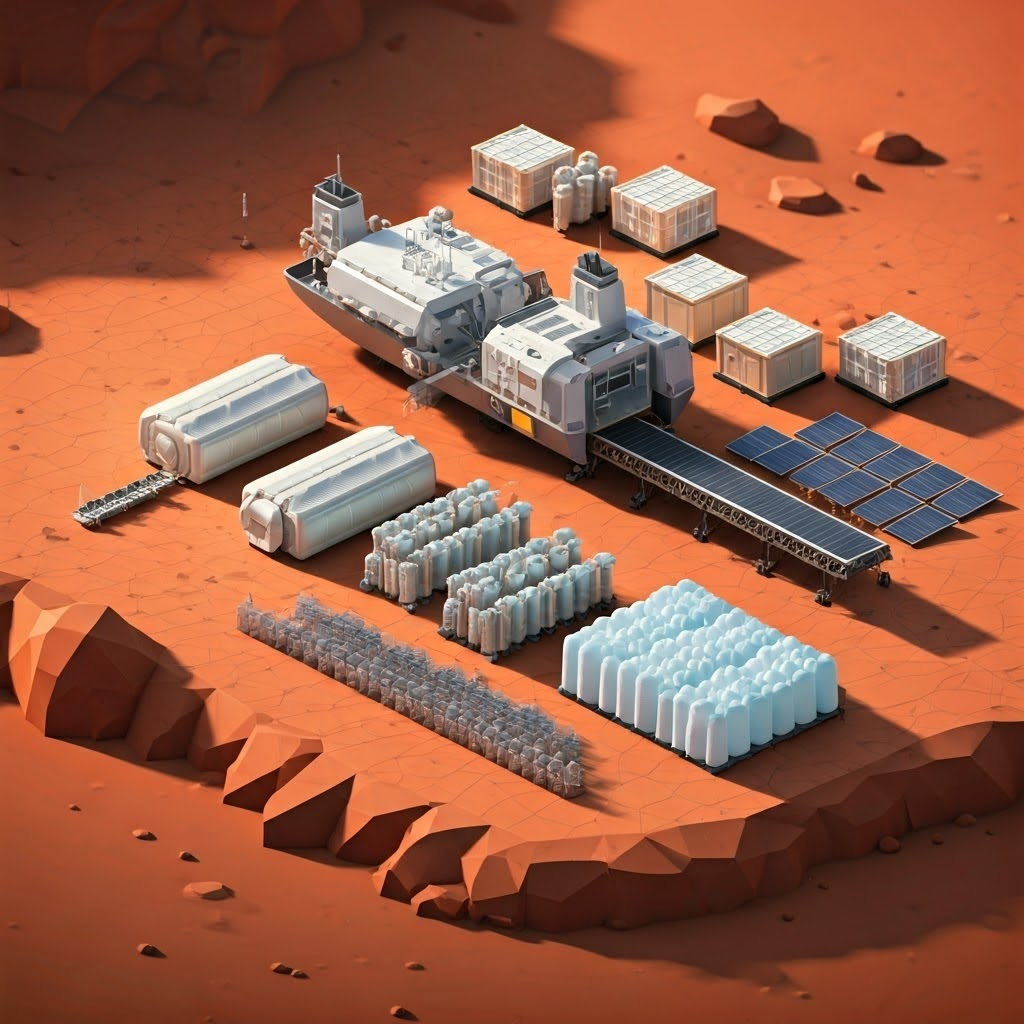 Cargo landers unload robots that deploy habitats, greenhouses, and solar panels across a gridded red plain.