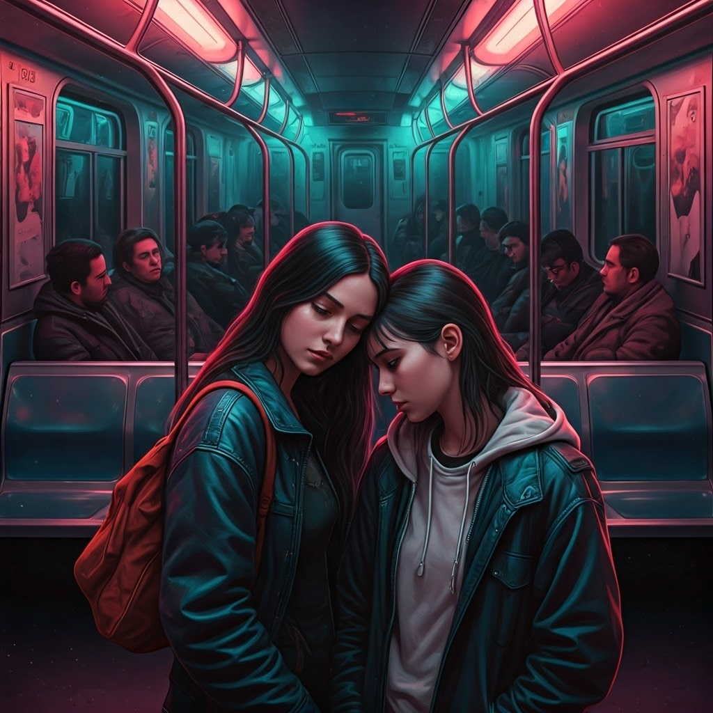 Young woman whispers to a friend on a neon-lit subway, symbolizing secrets shared in public spaces