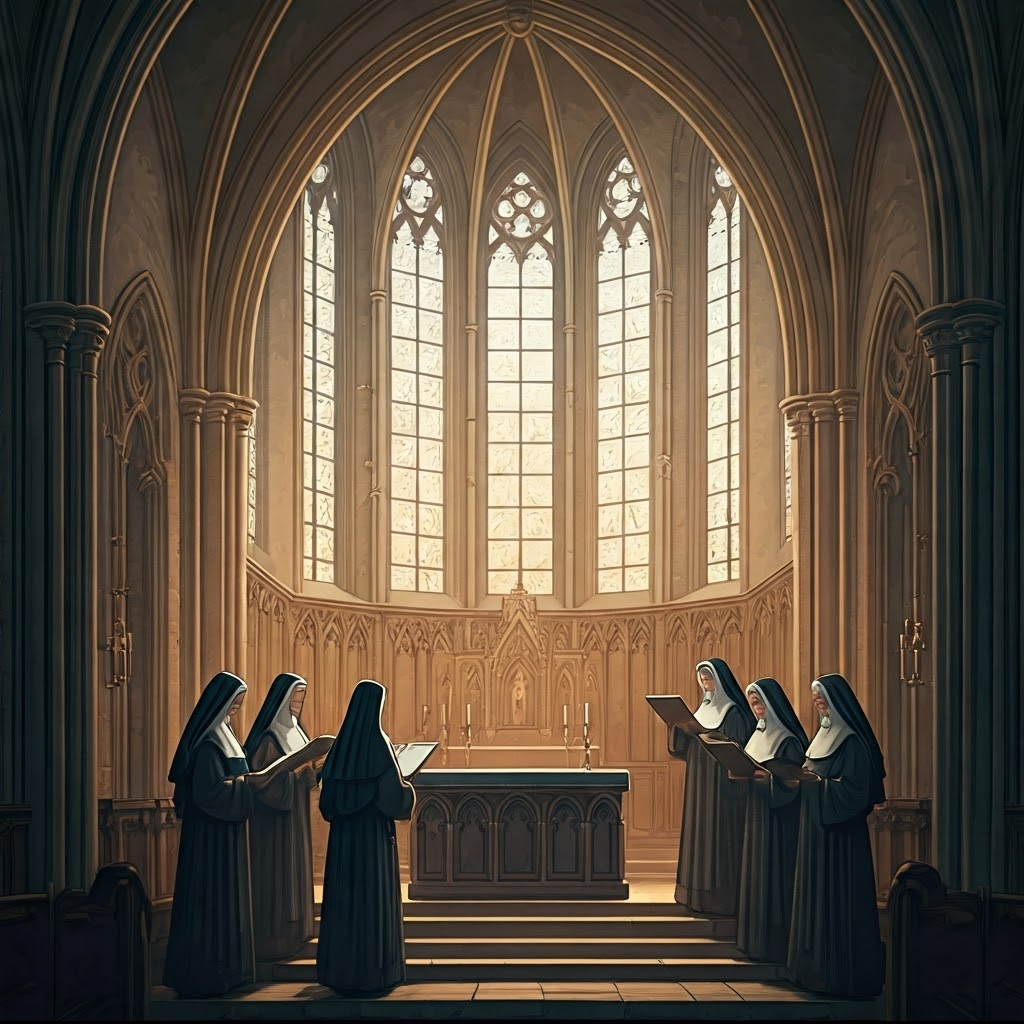 Convent chapel where nuns chant from simple parchment, sunlight filtering through high windows.