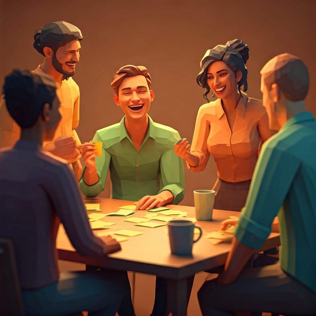 Low-poly scene of diverse teammates laughing around a table covered with sticky notes, capturing creative camaraderie