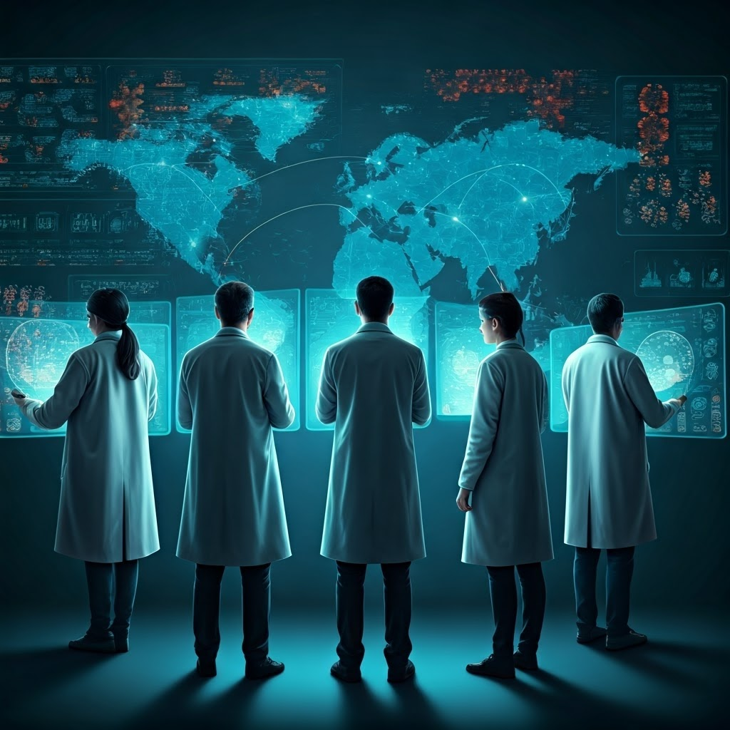 Futuristic montage of six scientists linked on a glowing world map, highlighting their shared CRISPR discoveries