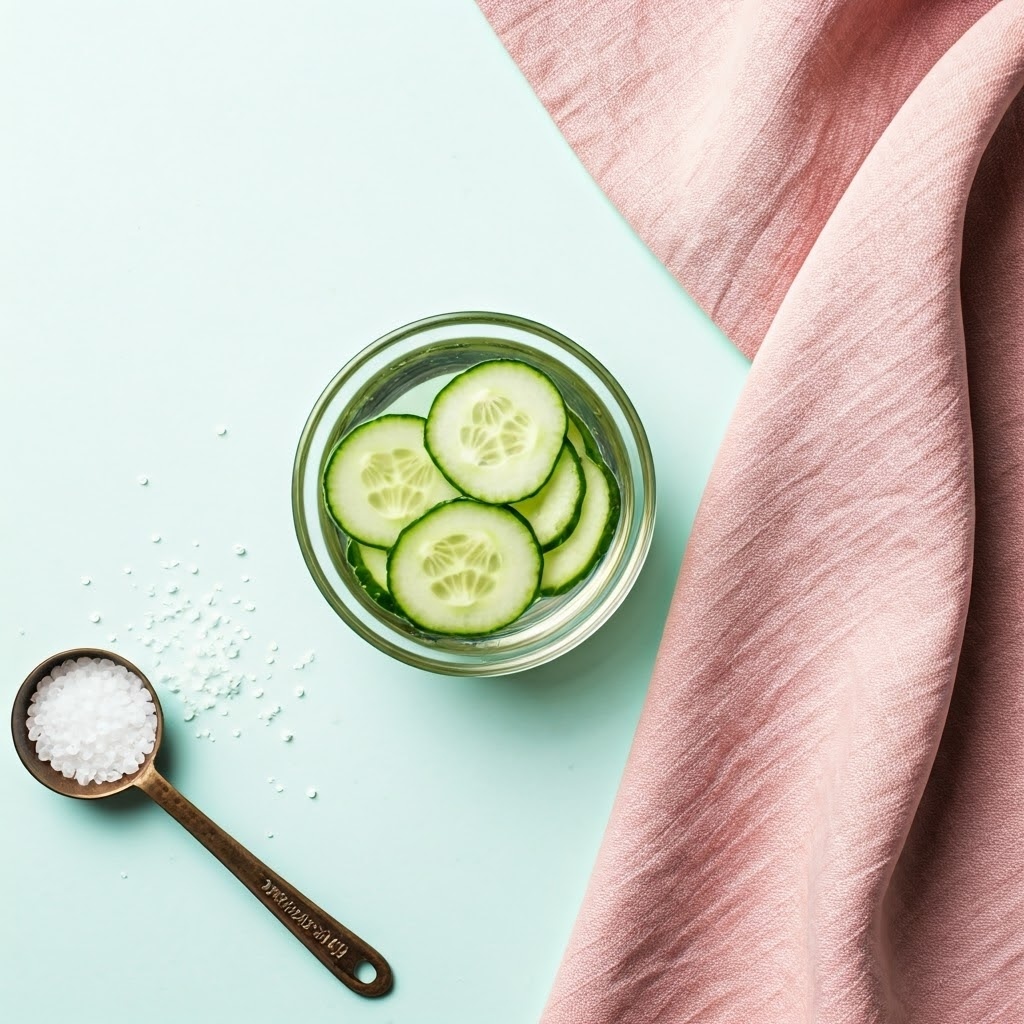 Minimalist flat lay of a glass bowl of brine with cucumber slices and a vintage salt spoon on a pastel napkin