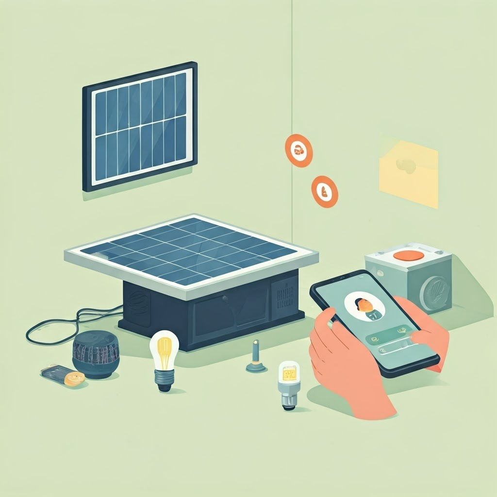 A compact solar kit—panel, battery, bulbs—rests beside a phone displaying mobile payments.