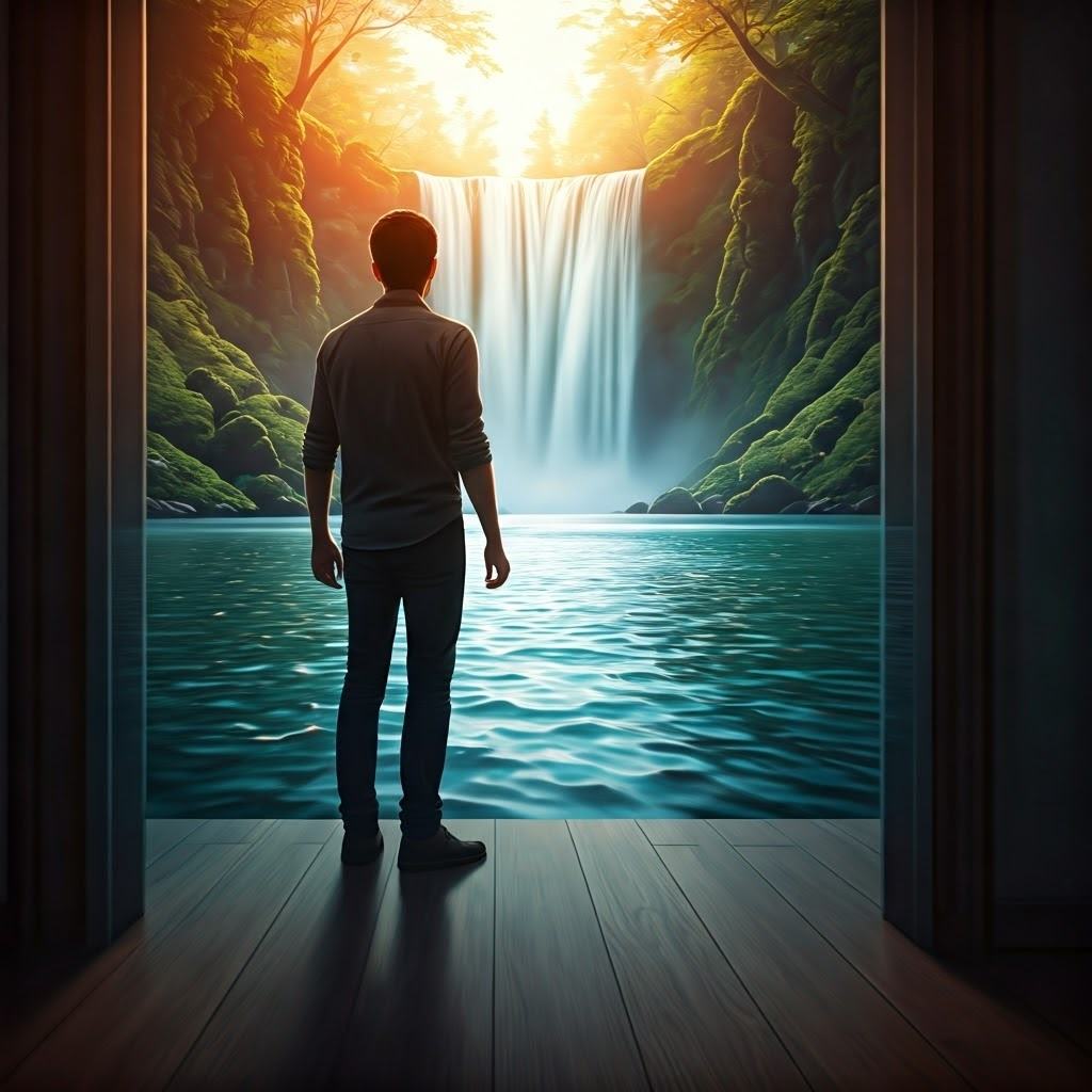 Indoor scene of someone flipping a light switch with a transparent waterfall backdrop blending warm and cool tones