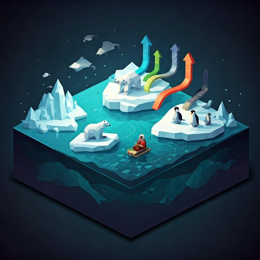 A low-poly polar ecosystem infographic shows shrinking ice, rising heat arrows, and feedback loops—illustrating climate ripple effects.