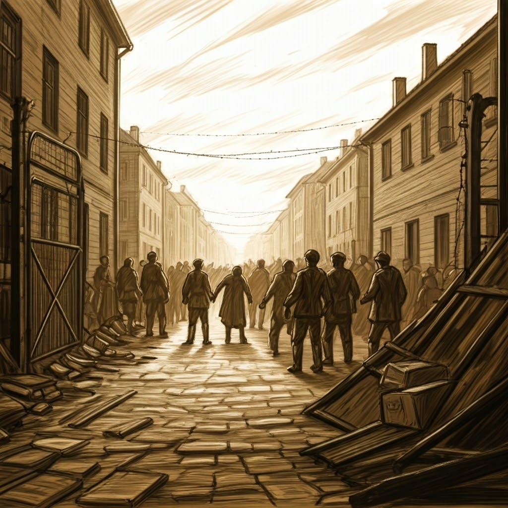 Liberated concentration camp gate stands open while survivors and stunned soldiers meet.