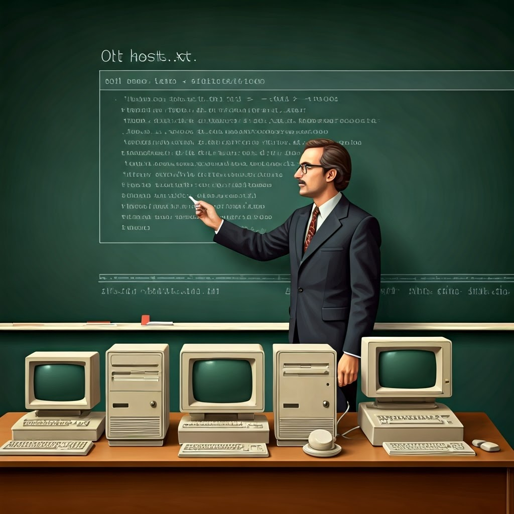 Chalkboard diagram of an old hosts.txt file mapping names to numbers, with a 1980s professor pointing while vintage computers sit on desks
