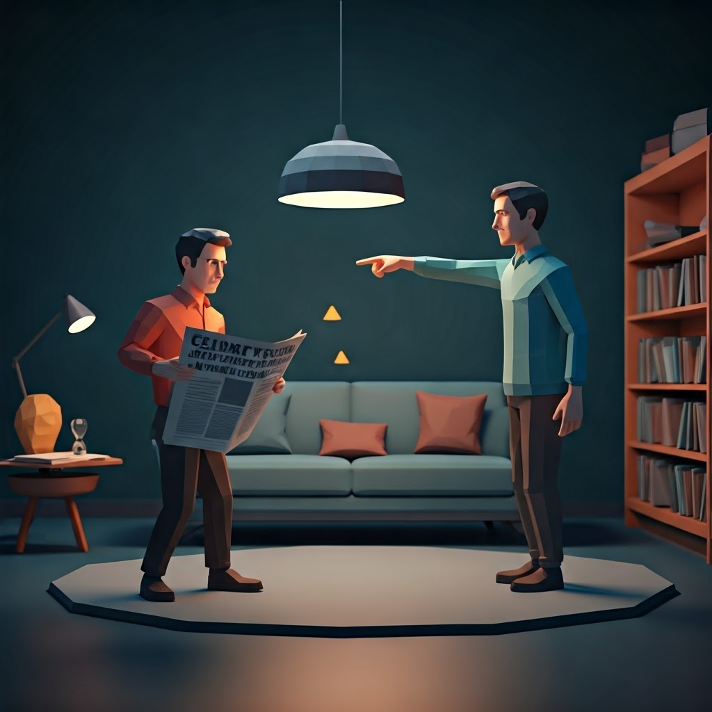Low-poly living room debate—one person cites a headline, the other points to science—illustrating cognitive bias.