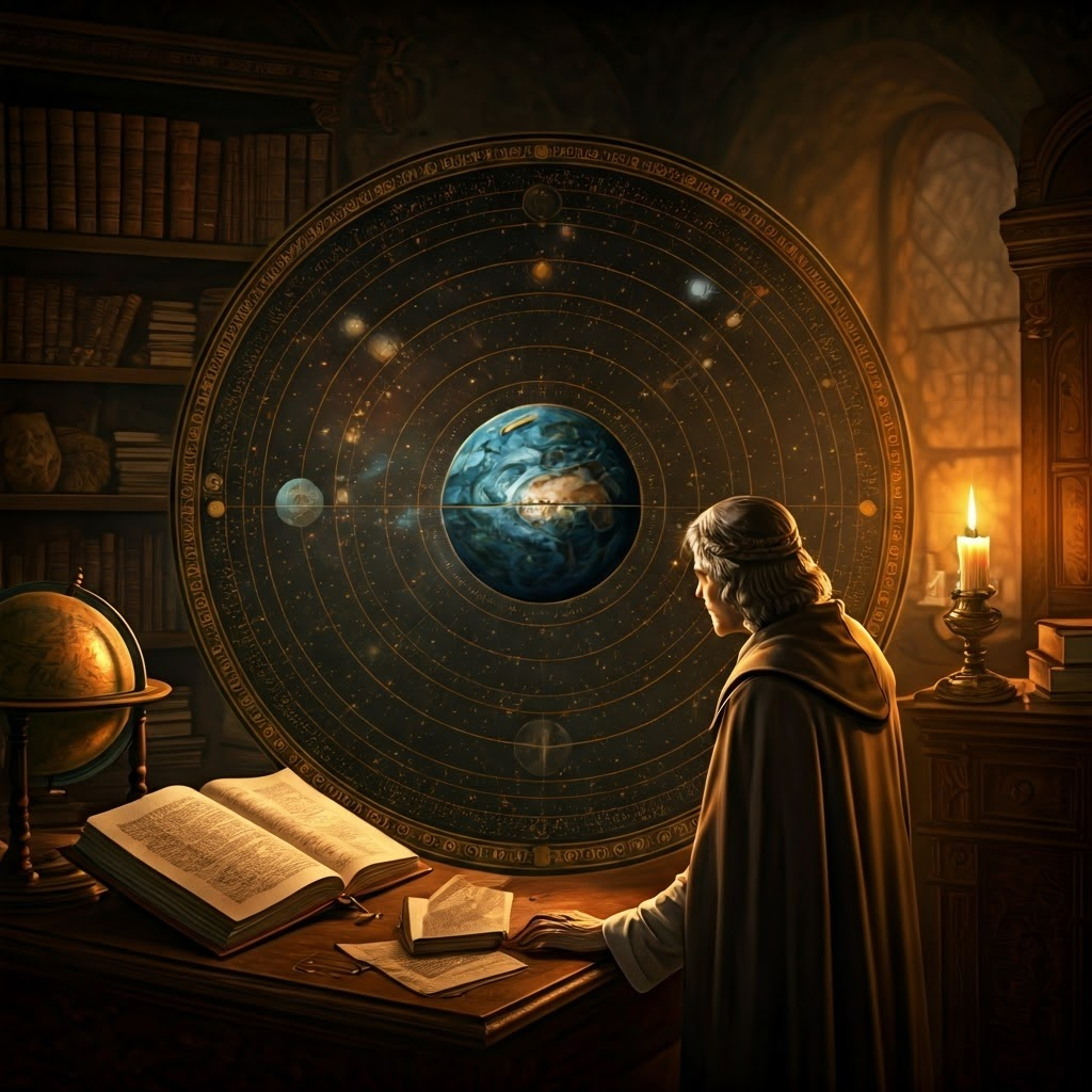 Medieval illustration of a scholar studying a geocentric cosmos by candlelight, Earth at the center of concentric celestial circles.